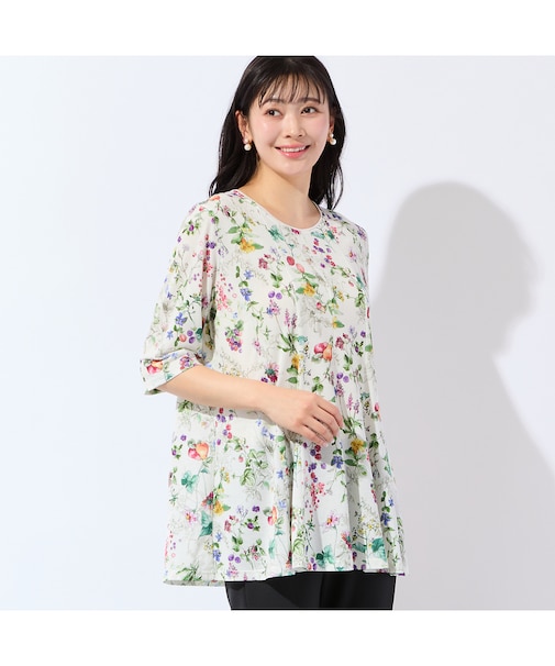 【人気デザイン・洗える・L～4Lサイズ】フルーツ柄フレアチュニック