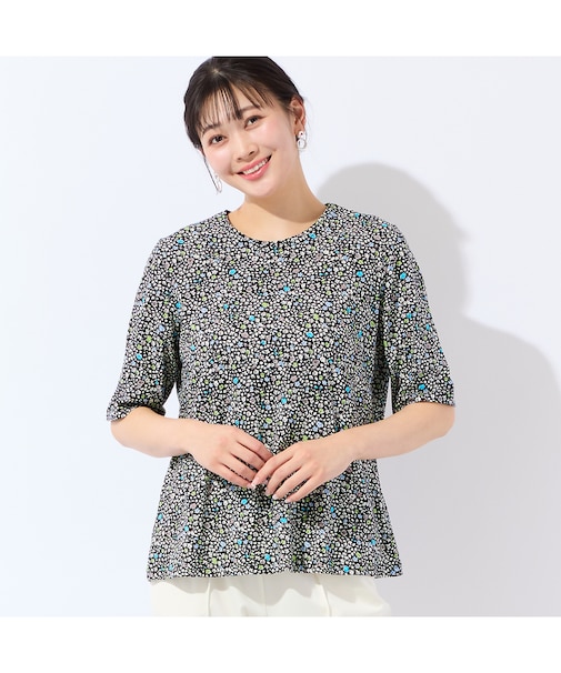 【洗える・日本製・L～4Lサイズ】小花コットンTシャツ