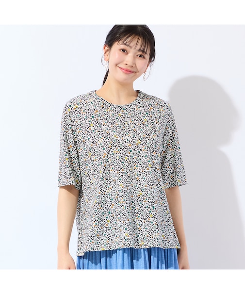 【洗える・日本製・L～4Lサイズ】小花コットンTシャツ