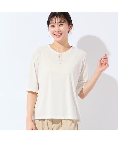【洗える・日本製・L～4Lサイズ】襟刺繍カットソー