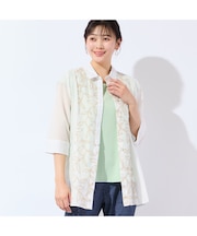 【洗える・L～4Lサイズ】リーフ刺繍 ワッシャーストライプシャツ