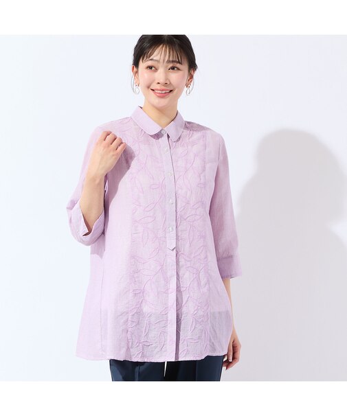 【洗える・L～4Lサイズ】リーフ刺繍 ワッシャーストライプシャツ