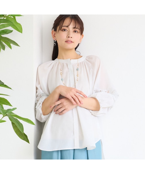 【洗える】レース接ぎボリュームスリーブブラウス