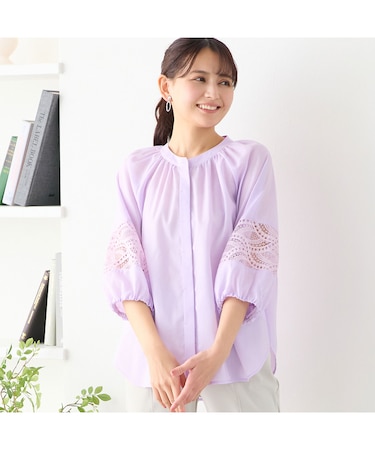 【洗える】レース接ぎボリュームスリーブブラウス