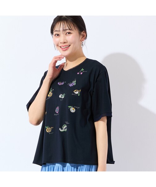 【洗える・日本製・L~4Lサイズ】フルーツ刺繍Tシャツ