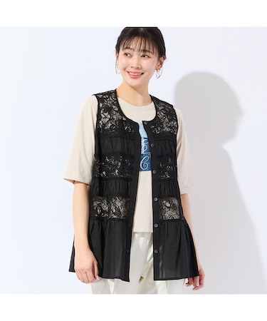 【洗える・L~4Lサイズ】レースミックスジレ