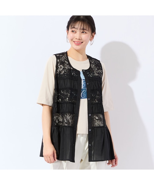 【洗える・L~4Lサイズ】レースミックスジレ
