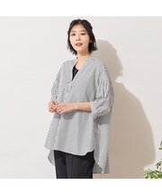 【手洗いOK】ストライプ×ボーダー・スリットネックブラウス