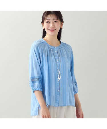 【EC＆一部店舗限定・洗える・3Lサイズあり】シャーリングストライプブラウス