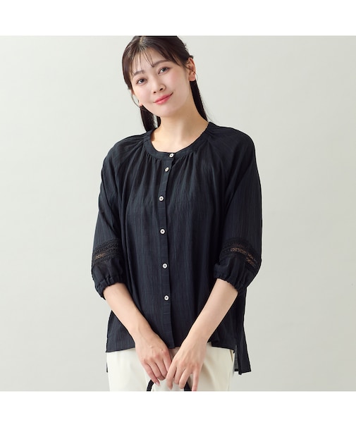 【EC＆一部店舗限定・洗える・3Lサイズあり】シャーリングストライプブラウス
