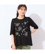 【洗える・綿100%】花刺繍AラインTシャツ