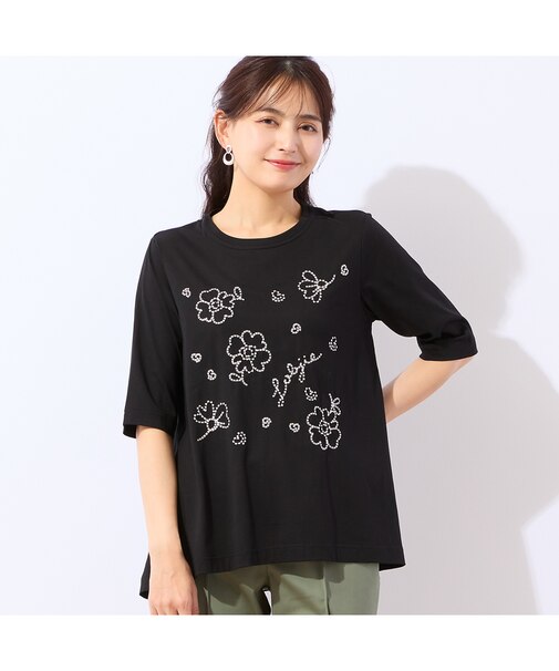 【洗える・綿100%】花刺繍AラインTシャツ