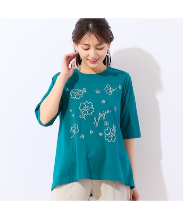 【洗える・綿100%】花刺繍AラインTシャツ