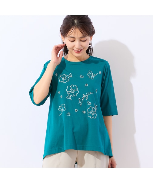 【洗える・綿100%】花刺繍AラインTシャツ
