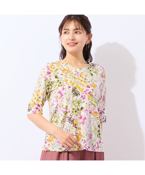 【洗える・接触冷感・日本製・綿100%】ミニフラワーTシャツ