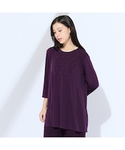 【M～4L/セットアップ可】ドレープカットソーラインストーンTシャツ