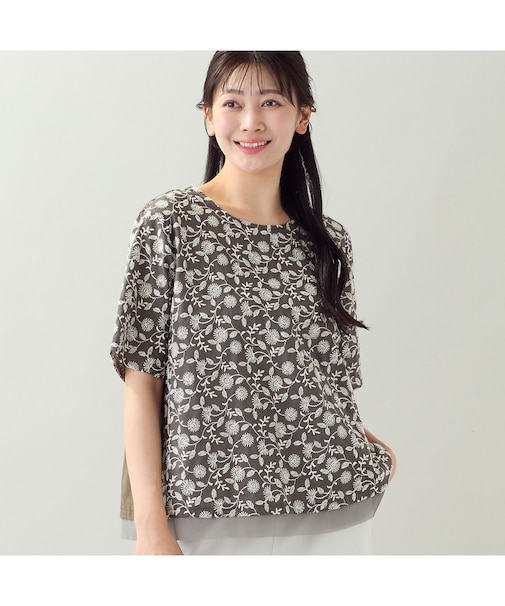 【洗える・日本製・L～3Lサイズ】綿麻刺繍入りブラウス