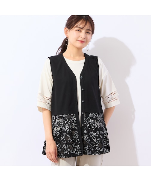 【洗える・アンサンブル可】裾シアーフラワーベスト