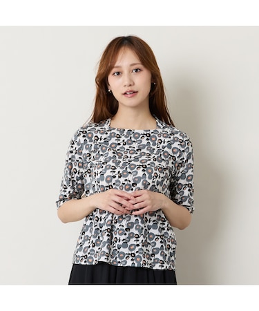 【洗える】フラワープリントボートネックTシャツ
