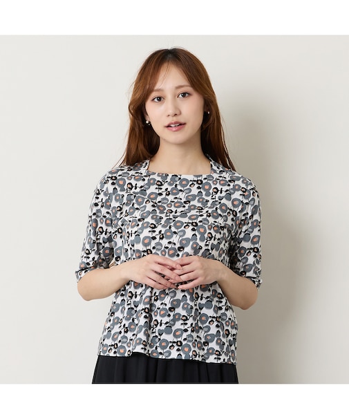 【洗える】フラワープリントボートネックTシャツ