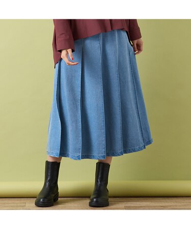 【手洗いOK・セットアップ対応】製品洗い加工・デニム風片ヒダプリーツスカート