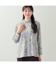 【洗える・L~3Lサイズ】シャーリング襟花柄カットソー