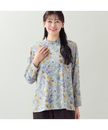 【洗える・L~3Lサイズ】シャーリング襟花柄カットソー