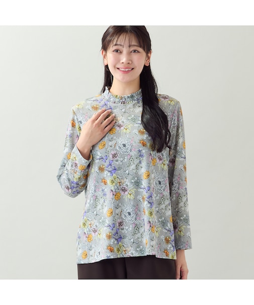 【洗える・L~3Lサイズ】シャーリング襟花柄カットソー