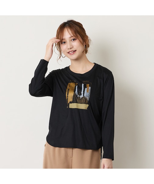 【洗える】スムースプリント長袖Tシャツ