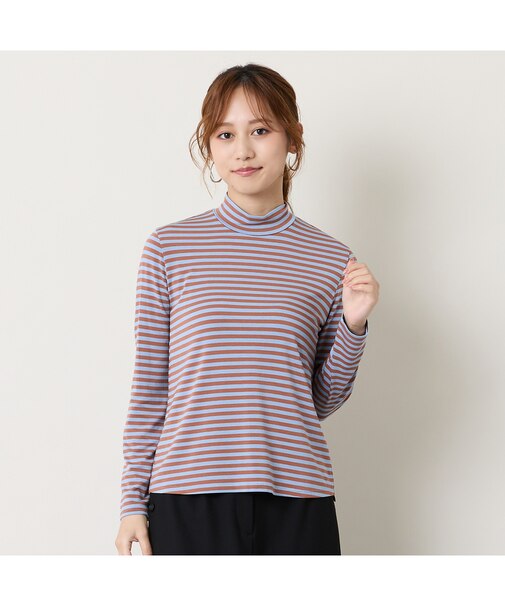 【洗える】吸湿発熱ボーダーハイネックTシャツ