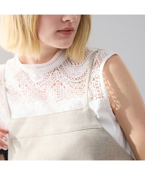 【洗える】レースコンビノースリーブカットソー