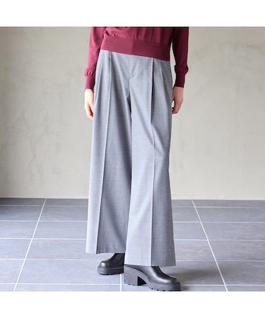 【洗えるウール】ツイルストレッチタックワイドパンツ