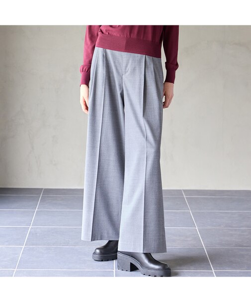 【洗えるウール】ツイルストレッチタックワイドパンツ