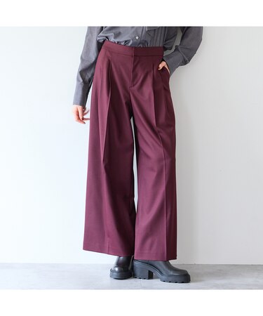 【洗えるウール】ツイルストレッチタックワイドパンツ