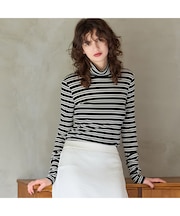 【カシミヤシルクブレンド・洗える】ボーダータートルカットソー