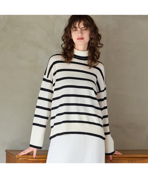 【カシミヤ100％】タートルネックボーダーニット