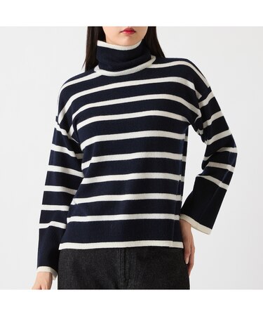 【カシミヤ100％】タートルネックボーダーニット