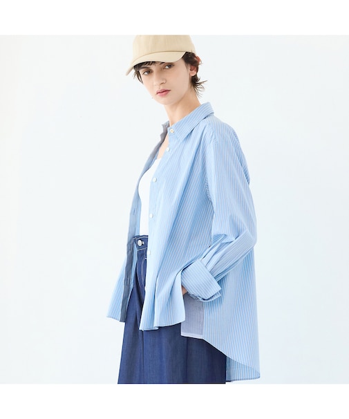 【洗える・S/M/Lサイズ】サイドスリットストライプシャツ