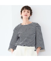 【洗える】タック袖コットンボーダーカットソー