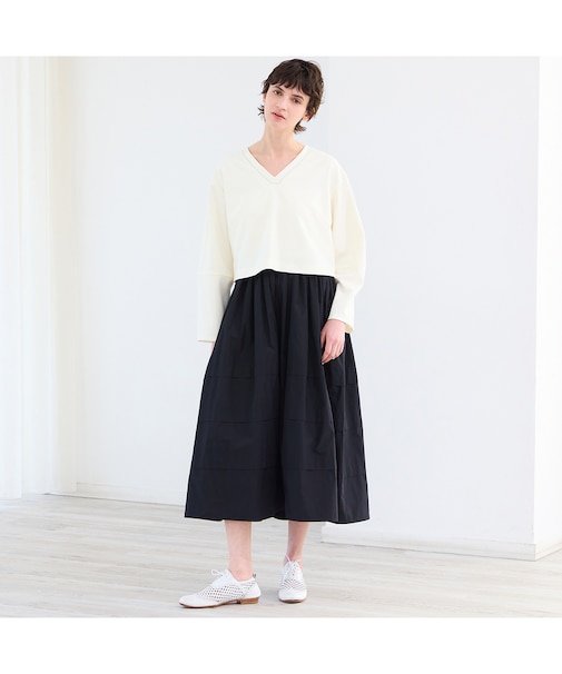 【洗える】ニット×タフタコンビワンピース