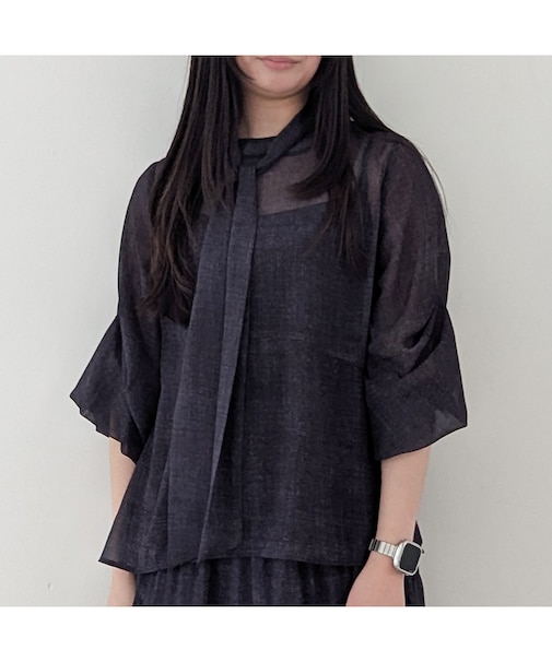 【セットアップ対応・洗える・S/M/Lサイズ】シフォンデニムプリントブラウス