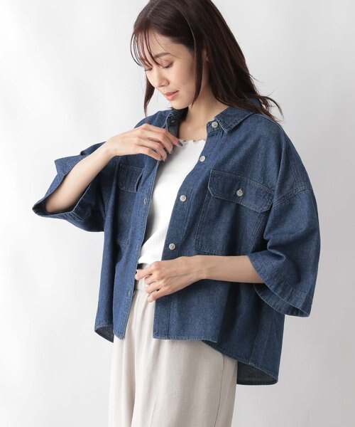 【新品】GLOBAL WORK GOODデニムクロップドシャツ5分袖 グレー GLOBAL WORK ブラウス シャツ GOODデニムクロップドシャツ