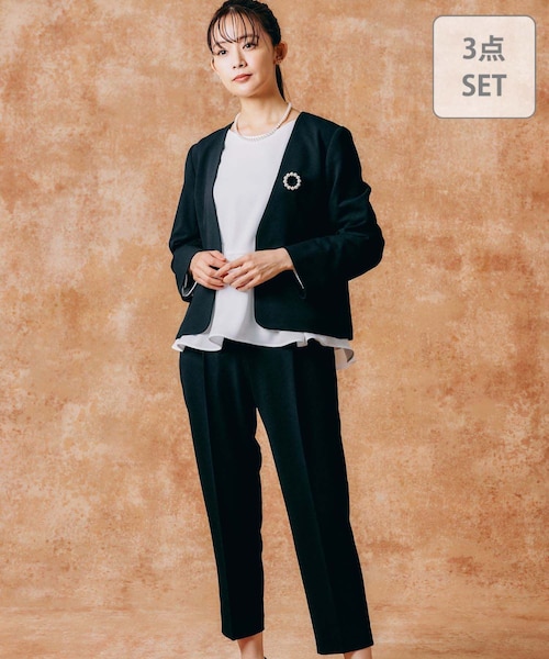 スゴラクストレッチブラウスパンツ　ノーカラージャケットセット　グローバルワーク スゴラクストレッチブラウスパンツノーカラージャケットセット