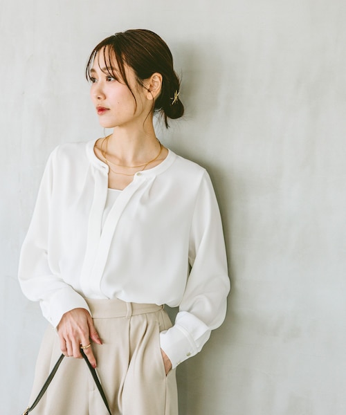 LOHENローヘン シルク調タックブラウス （ブラウス見え
