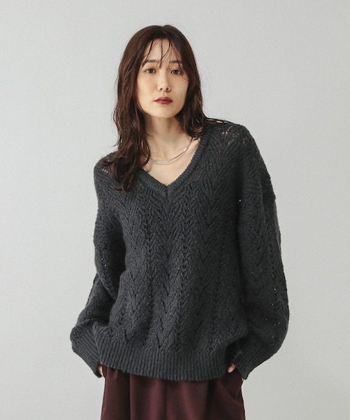 モヘヤタッチ透かし編みVネックプルオーバー/599493