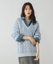 モヘヤタッチ透かし編みVネックプルオーバー/599493