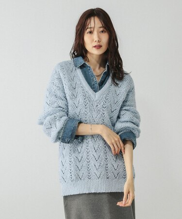 モヘヤタッチ透かし編みVネックプルオーバー/599493