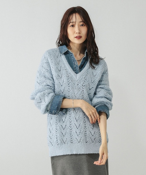 モヘヤタッチ透かし編みVネックプルオーバー/599493