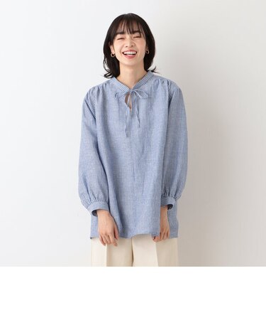 ストライプヘンプ混チュニックブラウス