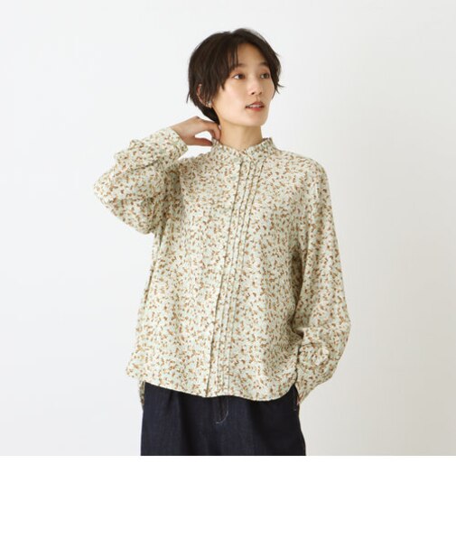 カモフラージュ柄ツイルフリルピンタックブラウス